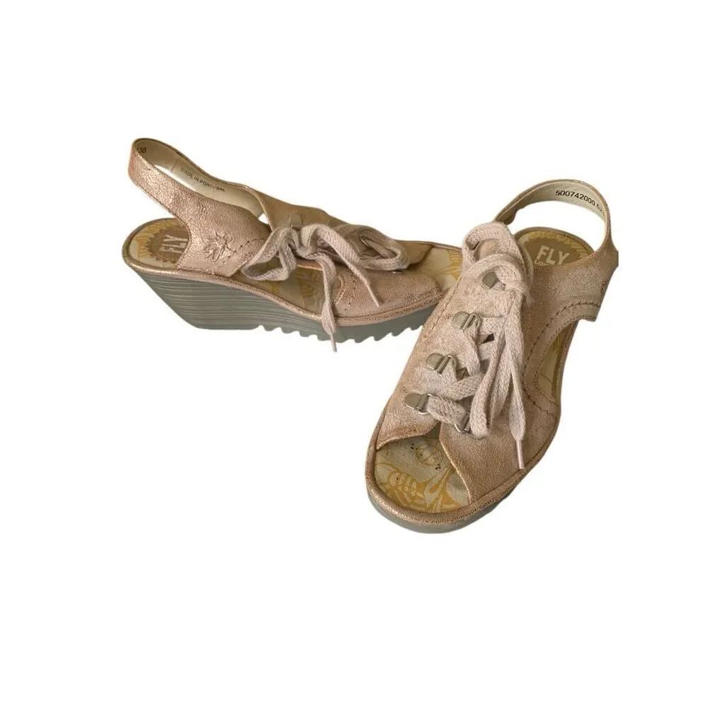 Fly London Yfla leather lace up tan gold wedge sandals women's size 38 7.5-8